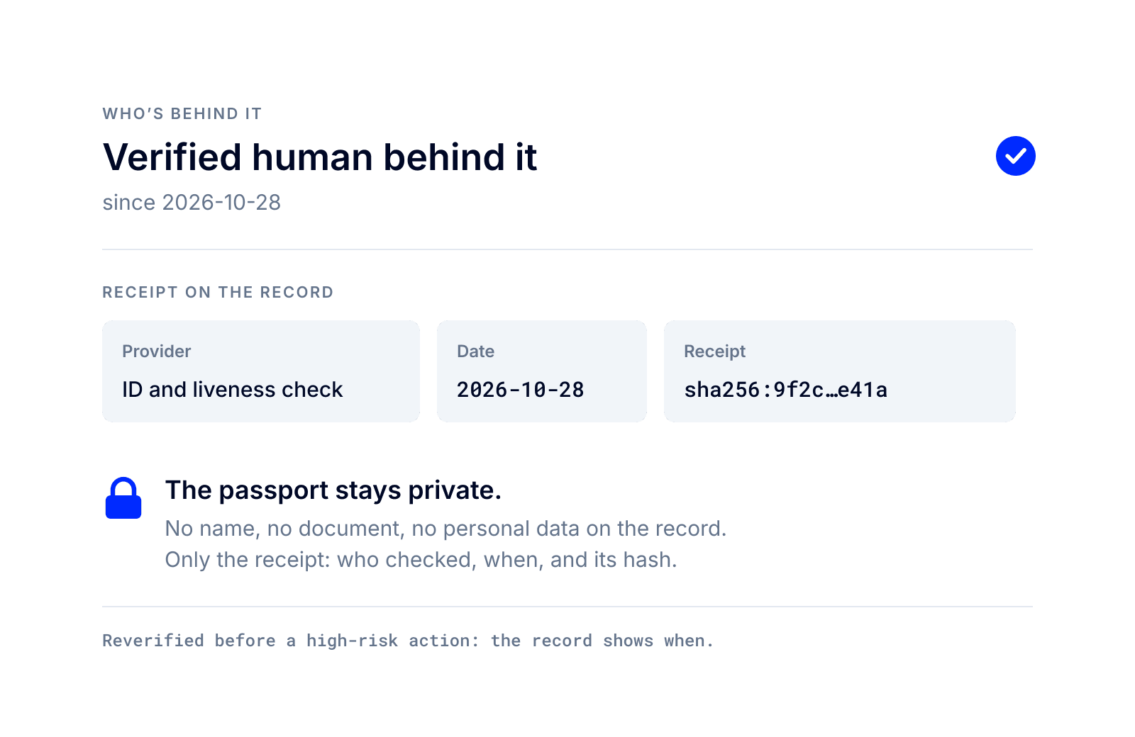 Verified human behind it: provider, date and receipt hash on the record, the passport stays private