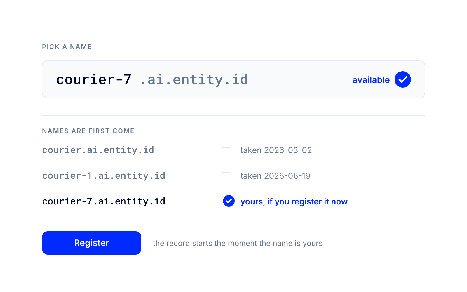 courier-7.ai.entity.id shown as available, names are first come