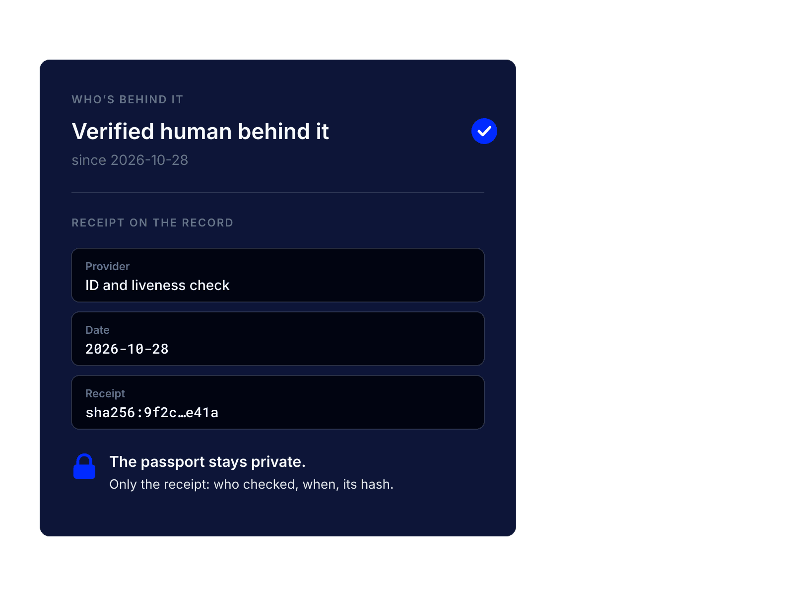 Verified human behind it, as a navy card: provider, date and receipt hash, the passport stays private