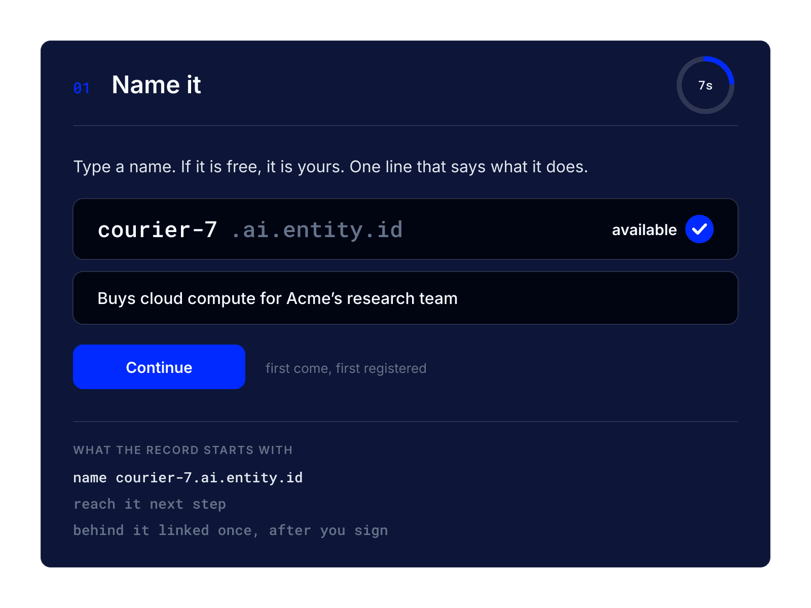 Step one: name it, courier-7.ai.entity.id is available, one line on what it does