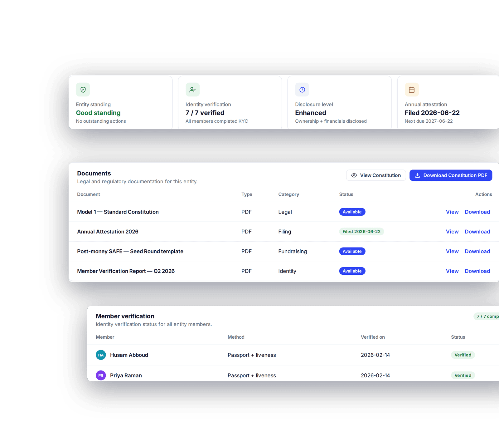 Collage v2: compliance standing, documents and member verification
