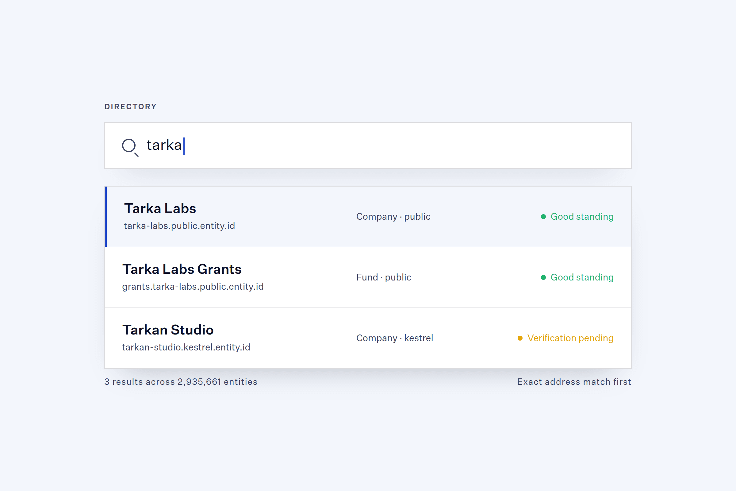 Directory search for tarka returning three results with kind, registrar and standing, exact address match first.