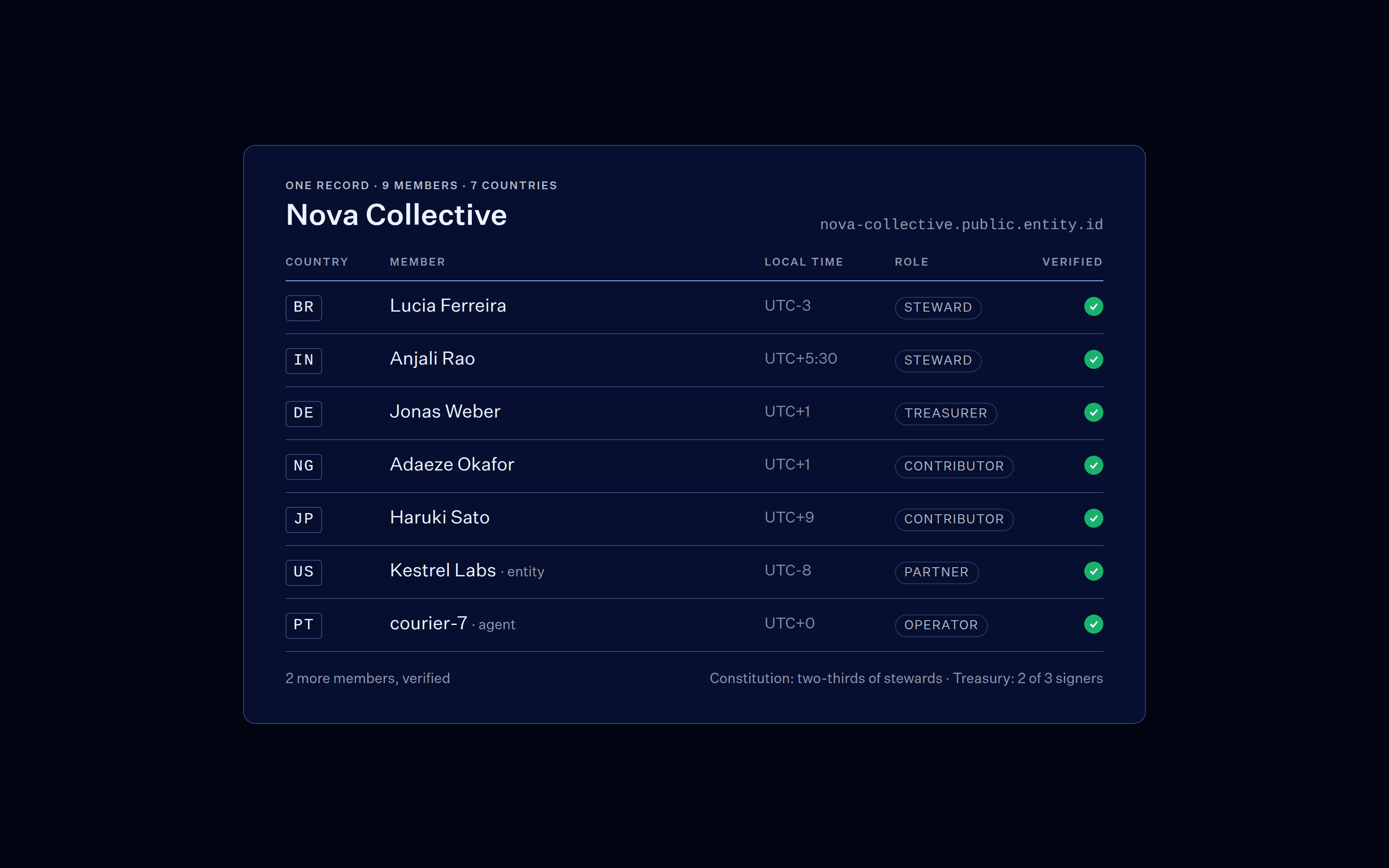 One record for Nova Collective: members in seven countries listed with country codes, local time, role and a verified mark, including a partner entity and an operating agent.